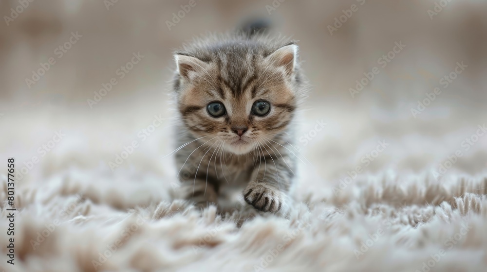   A clear background reveals a small kitten with blue eyes, walking on a plush carpet, occupying the frame's center