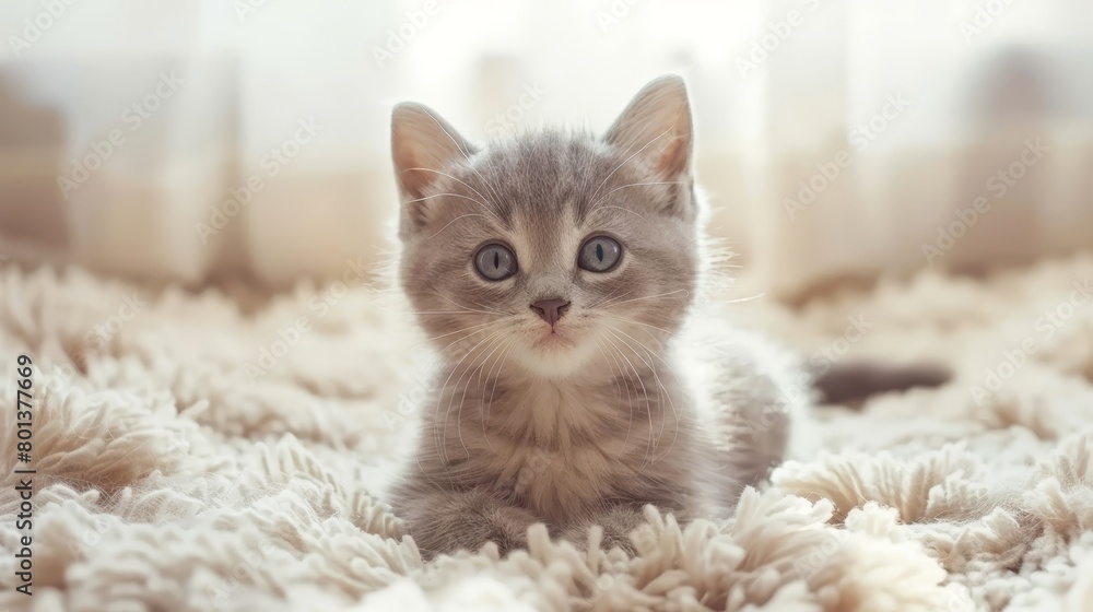   A small gray kitten sits atop a fluffy white blanket on a bed near a window