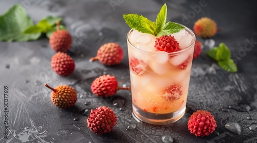 Refreshing lychee cocktail garnished with mint and lychee fruit surrounded by scattered lychees on a wet  dark surface.