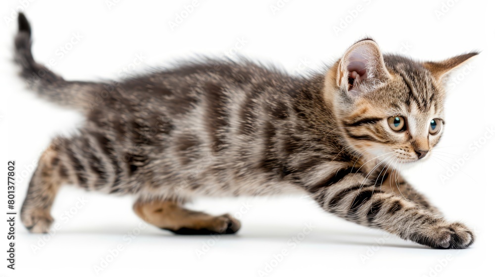 A small kitten engaging in play with a toy against a white backdrop, its face subtly blurred A small kitten engaging in play with a toy against a white backdrop, its face subtly blurred
