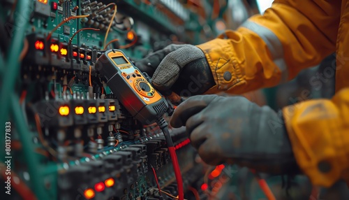 An electrical engineer wearing protective gloves and safety glasses uses a multimeter to troubleshoot a complex electrical circuit board.