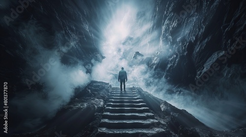 Surreal scene featuring a man emerging from a dark cave, facing a mystical staircase leading into the misty unknown—a symbol of opportunity and freedom.