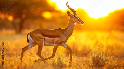   Antelope sprints through tall grass field, sun illuminates tree-lined backdrop photo