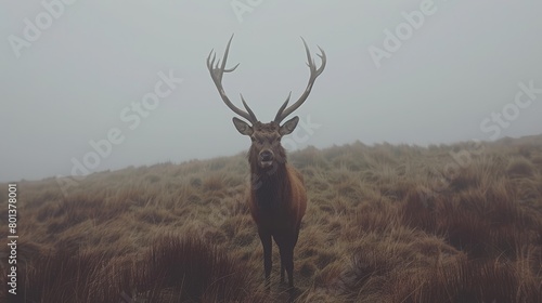   A large deer atop a hillside, grass dried and foggy, foreground filled with antlers photo
