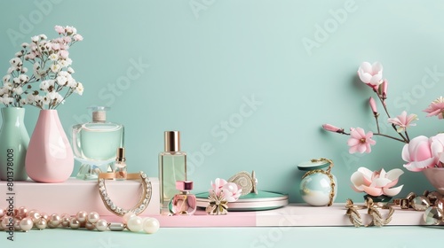 Luxury Perfume Bottles, Jewelry, and Blossoms on Pastel Background, Elegant Feminine Beauty and Fashion Accessories Display