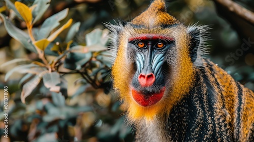   A tight shot of a monkey sporting a red nose and multi-colored face paint with hues of blue and yellow