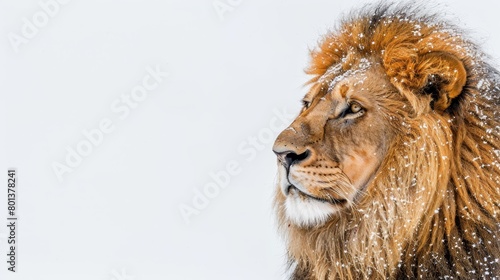   A tight shot of a lion s face  covered in snow against a pristine white backdrop