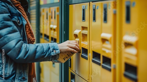 convenience of drop-off points with an image of a person depositing a parcel into a locker at a pickup location, offering flexibility for busy recipients. photo