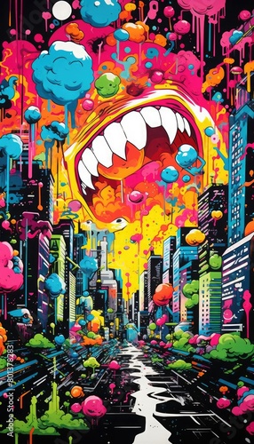 An explosion of neon colors and pop art elements depicting a city skyline  with exaggerated features like speech bubbles and onomatopoeic words  bringing a lively urban vibe