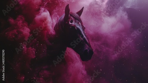   A horse standing in a pink-purple smoke cloud, formed as a horsehead shape photo