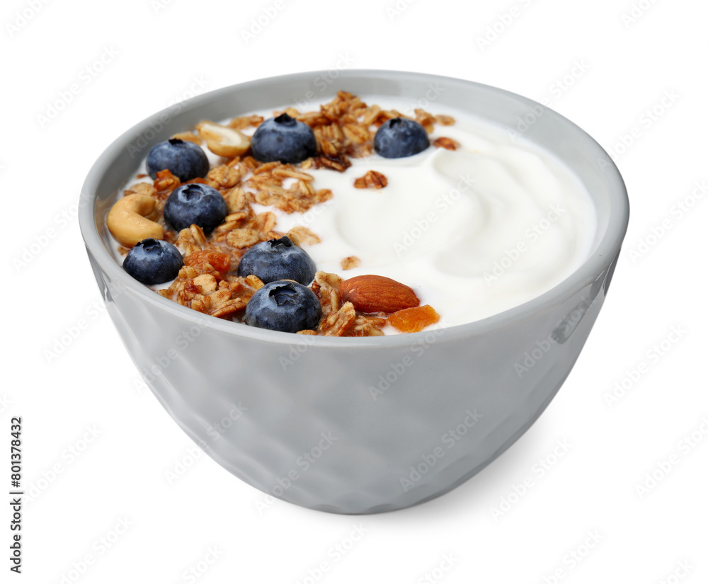 Bowl with yogurt, blueberries and granola isolated on white Bowl with yogurt, blueberries and granola isolated on white