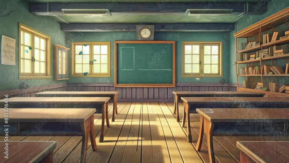 empty school or university classroom with neat desks and chairs. Cartoon or anime watercolor painting illustration style. seamless looping 4K virtual video animation background. empty school or university classroom with neat desks and chairs. Cartoon or anime watercolor painting illustration style. seamless looping 4K virtual video animation background.