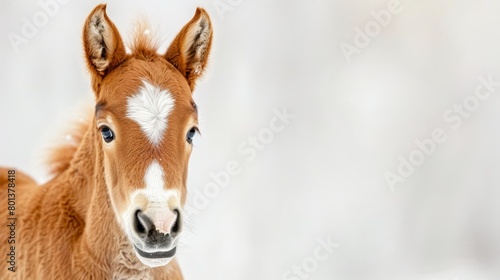  A tight shot of a small horse featuring two distinct white spots – one on its face and the other on its forehead