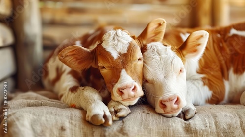  Two identical brown and white cows lying on separate beds