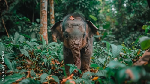  An elephant situated in a forest, surrounded by numerous trees and vegetation on all sides