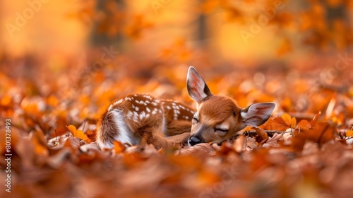  A baby deer reclines amongst a mound of orange and yellow forest leaves