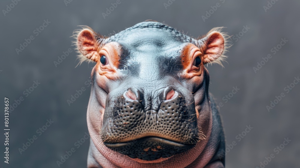A tight shot of a hippopotamus's face against a gray wall backdrop A tight shot of a hippopotamus's face against a gray wall backdrop