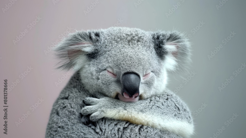 A koala, in a tight shot, rests its head on another koala's shoulder Its eyes are shut A koala, in a tight shot, rests its head on another koala's shoulder Its eyes are shut