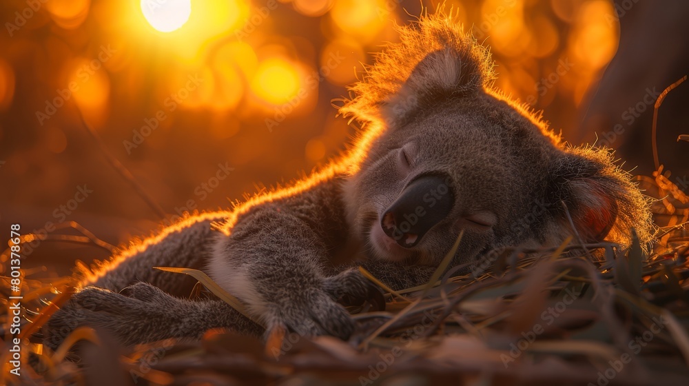 A koala resting atop a mound of grass, sun filtering through tree canopy behind A koala resting atop a mound of grass, sun filtering through tree canopy behind