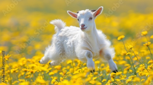   A white baby goat prancing through a field of vibrant yellow wildflowers