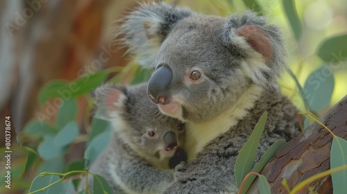  A pair of koalas atop a gum tree beside a verdant, leafy canopy