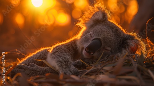   A koala resting atop a mound of grass  sun filtering through tree canopy behind