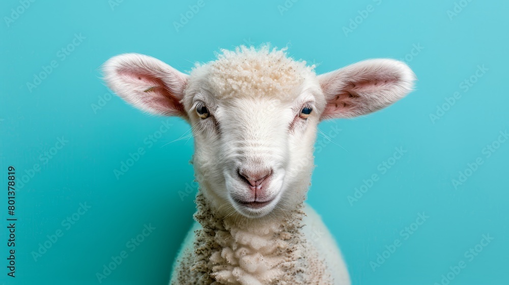 A sheep's face in tight focus against a backdrop of blue, featuring a minimal speck of dirt A sheep's face in tight focus against a backdrop of blue, featuring a minimal speck of dirt