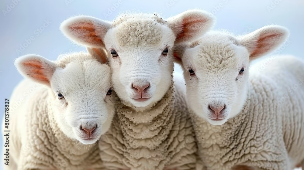   Two white sheep face opposite directions while standing next to each other