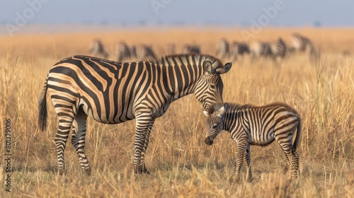   A zebra stands next to a young zebra in a field filled with tall grass  surrounded by additional zebras in the background