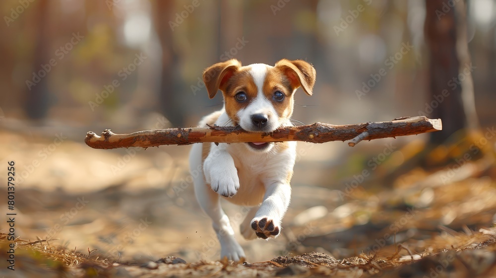 A small brown-and-white dog, carrying a stick in its mouth, dashes through a forest blanketed by falling leaves A small brown-and-white dog, carrying a stick in its mouth, dashes through a forest blanketed by falling leaves