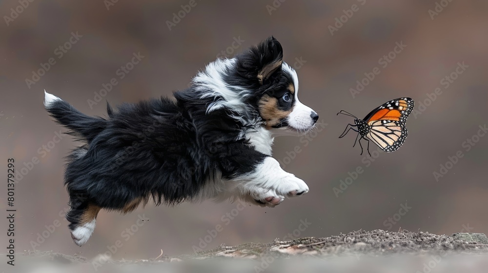 A small black-and-white dog with a butterfly perched on its back paws, not on its head, against a brown backdrop A small black-and-white dog with a butterfly perched on its back paws, not on its head, against a brown backdrop