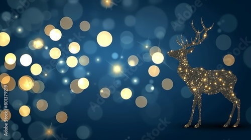  A golden deer against a blue backdrop, adorned with numerous white and gold lights atop its head