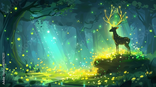 A deer in a forest, flames from fireflies adorning its back, surrounded by trees