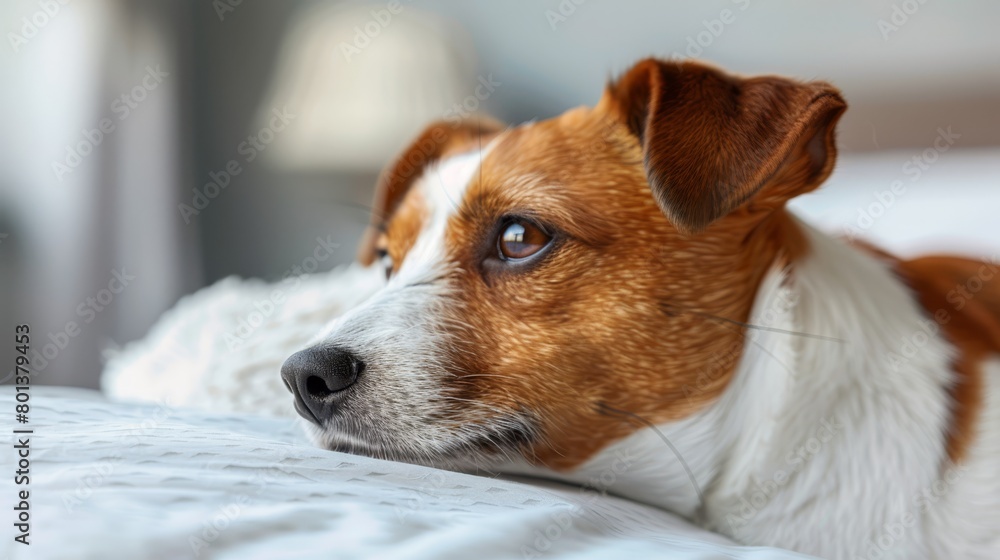   A tight shot of a dog reclining on a bed, its side resting against a white and brown striped blanket