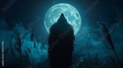  Person in field at night, full moon behind
