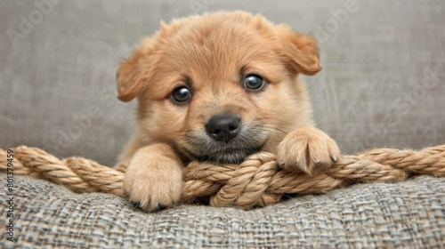  A sad-looking dog up close, seated on a couch with a rope gently looped around its neck
