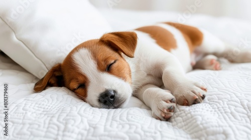  A brown-and-white dog lies on a bed with a white pillow nearby © Jevjenijs