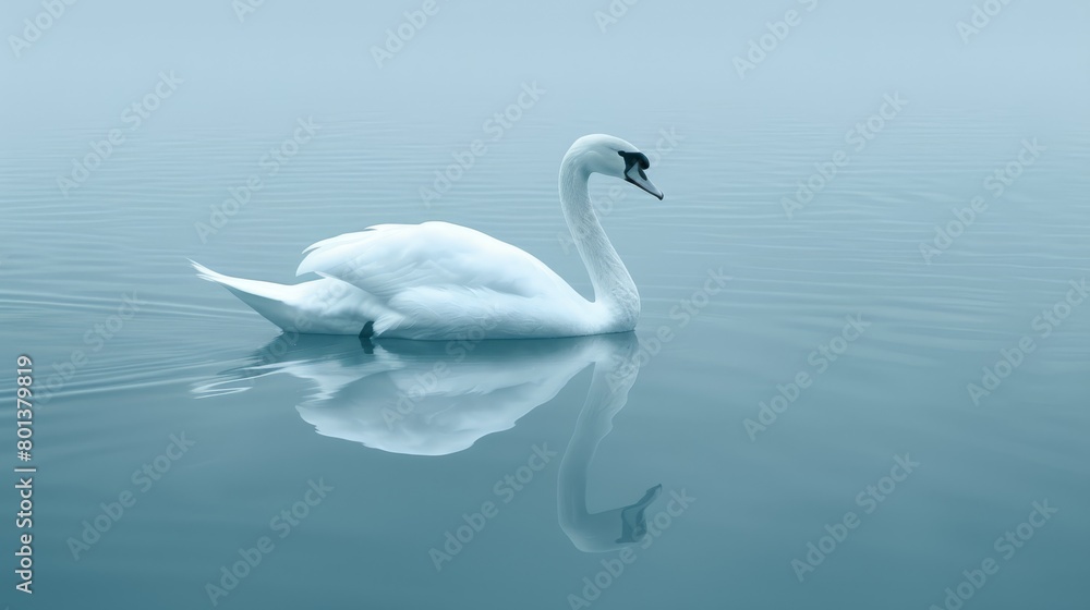 A large white swan floats serenely atop a tranquil lake Nearby, a small bird paddles in the water's middle A large white swan floats serenely atop a tranquil lake Nearby, a small bird paddles in the water's middle