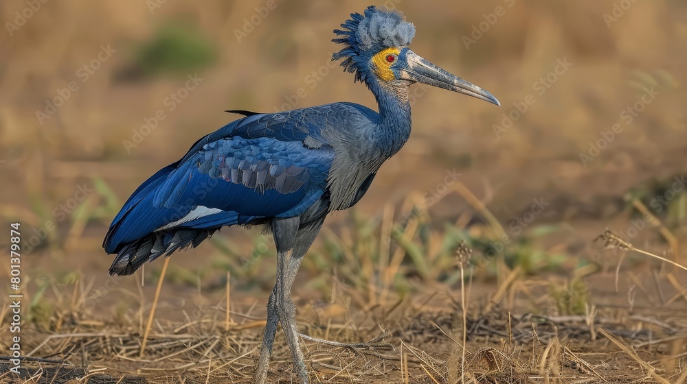 Fototapeta premium A blue bird with a long neck stands in a field of dry grass The background is blurry