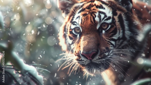  A tight shot of a tiger's expressive face, set against a backdrop of snow-covered ground in the foreground, and trees rising in the background
