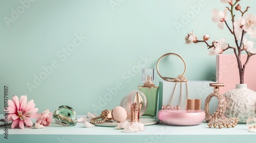 Perfume Bottles, Jewelry, and Flowers on Mint Background, Feminine Beauty Accessories and Luxury Decor in Elegant Flat Lay