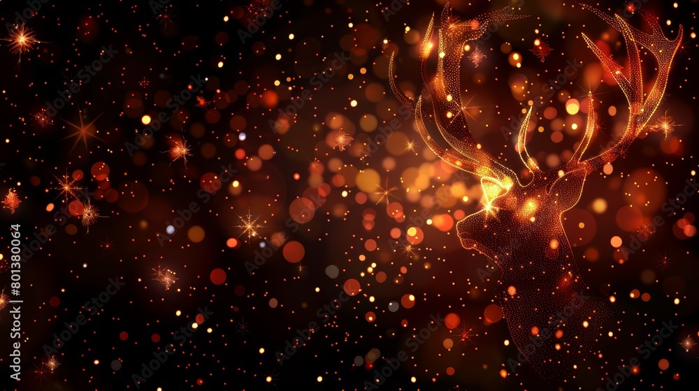 A sharp image of a deer's head with antlers against a dark backdrop featuring stars and gently falling snowflakes A sharp image of a deer's head with antlers against a dark backdrop featuring stars and gently falling snowflakes