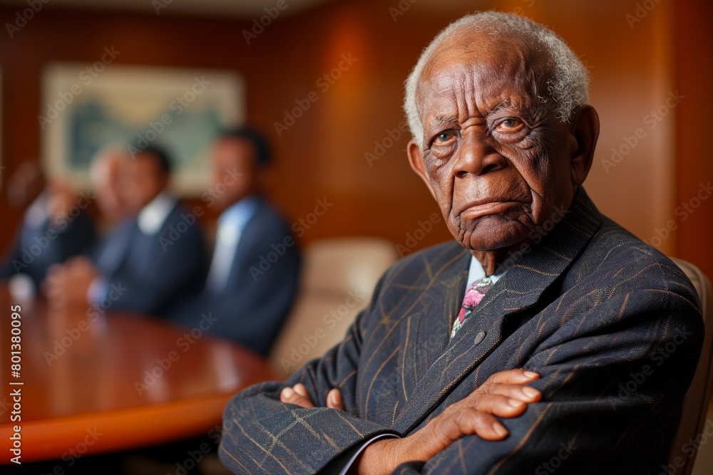African American businessman standing. Elderly man wearing a plaid blazer presents a contemplative gaze, arms crossed, with peers conversing softly in the background. African American businessman standing. Elderly man wearing a plaid blazer presents a contemplative gaze, arms crossed, with peers conversing softly in the background.