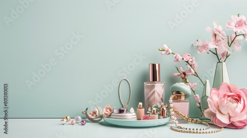 Luxury Perfume Bottles, Jewelry, and Pink Flowers on Mint Background, Elegant Beauty and Fashion Accessories Flat Lay Arrangement