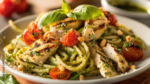 Spaghetti with pesto sauce, chicken, cherry tomatoes and pine nuts