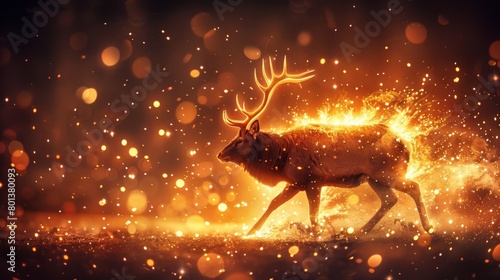  a deer in a nighttime scene, surrounded by bright lights and a blurry background