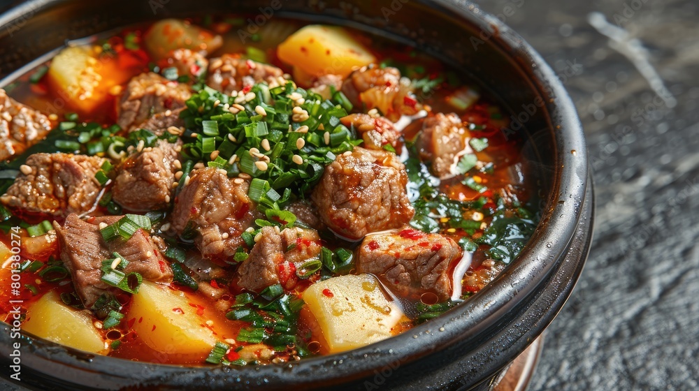 Bowl with tasty beef soup on dark background