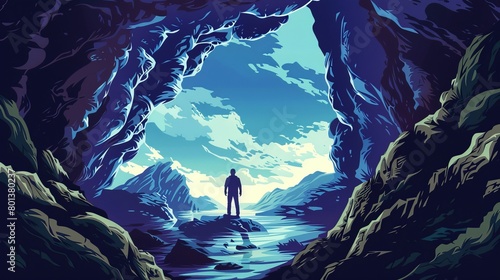 Vector illustration depicting a person at the entrance of a cave.