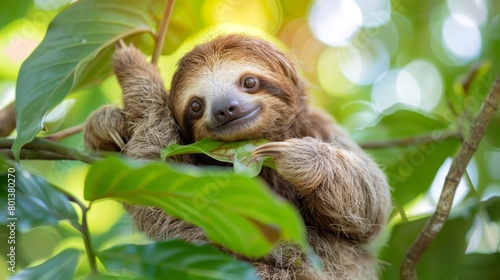   A brown-and-white sloth sits on a tree branch, its head hanging over the edge photo