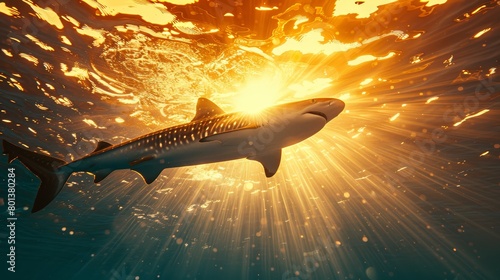   A shark swims in the ocean with the sun shining through its dorsal fin Its head breaks the water's surface photo